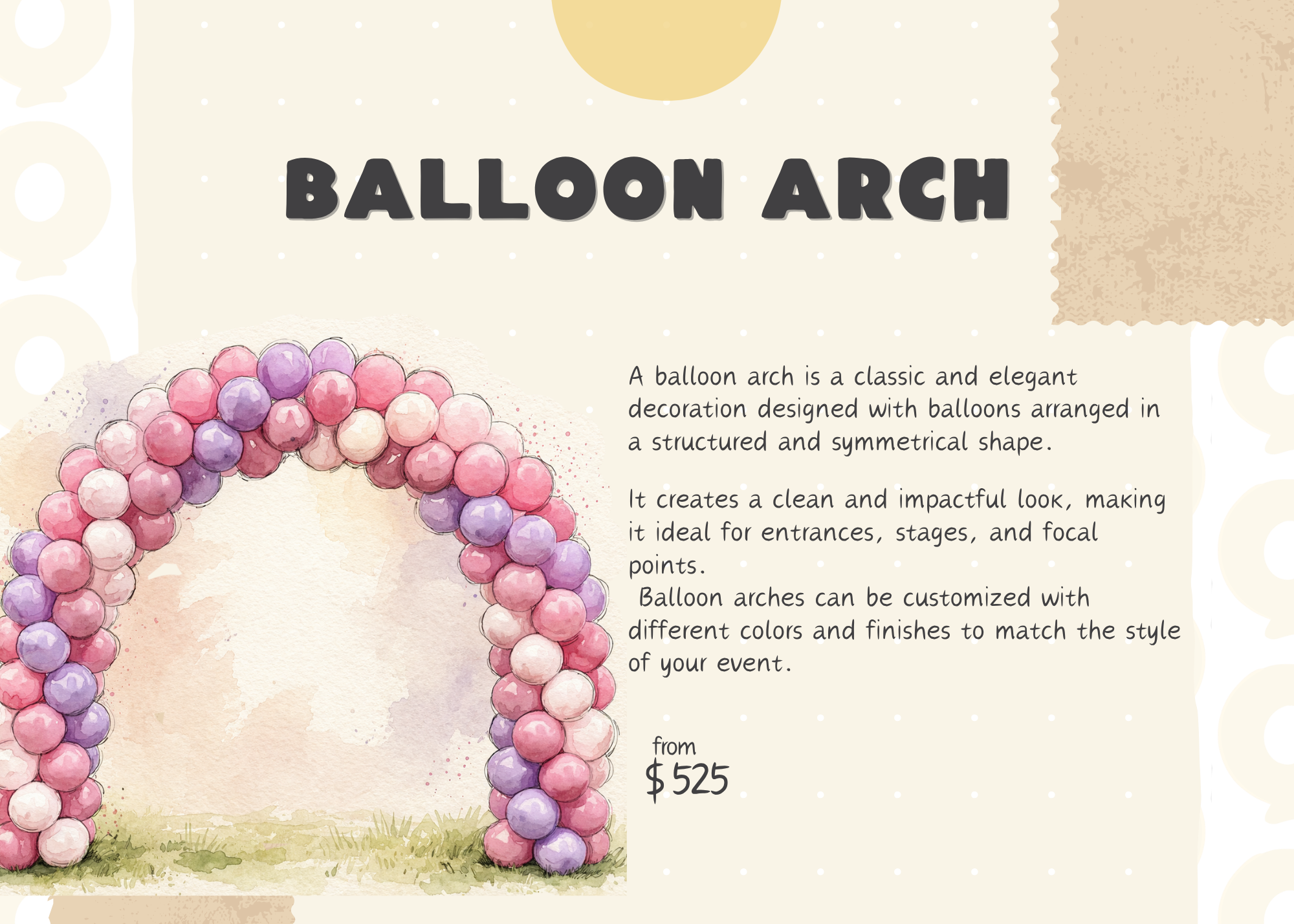 Classic balloon arch by BeeDecor with pink, white, and purple balloons, starting at $525 for entrances, stages, focal points, and personalized event decorations.