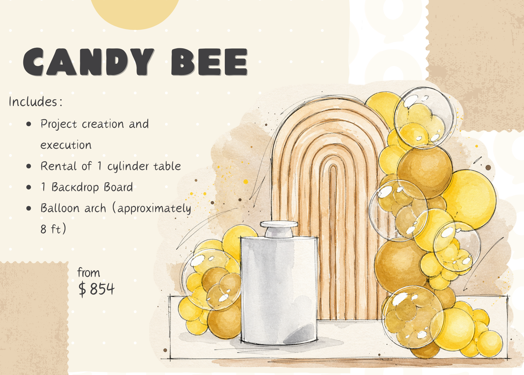 Candy Bee package by BeeDecor featuring a balloon arch, backdrop board, cylinder table rental, and custom event design starting at $854 for smaller celebrations.