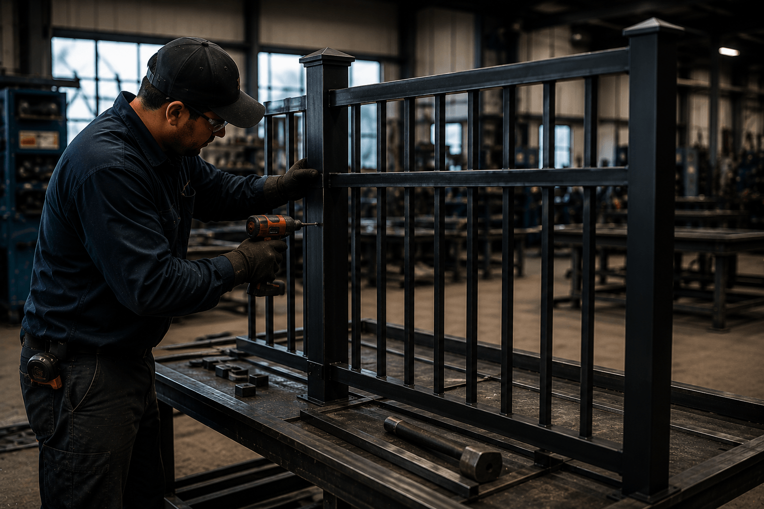 A worker assembling a metal fence with a cordless drill inside a manufacturing workshop.