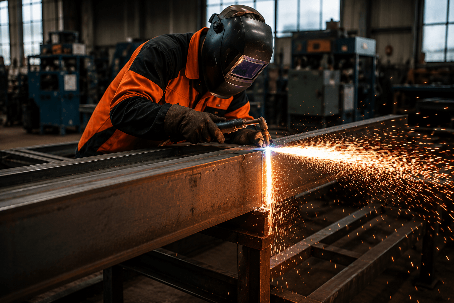 A worker welding metal in a factory with sparks flying, wearing protective gear.