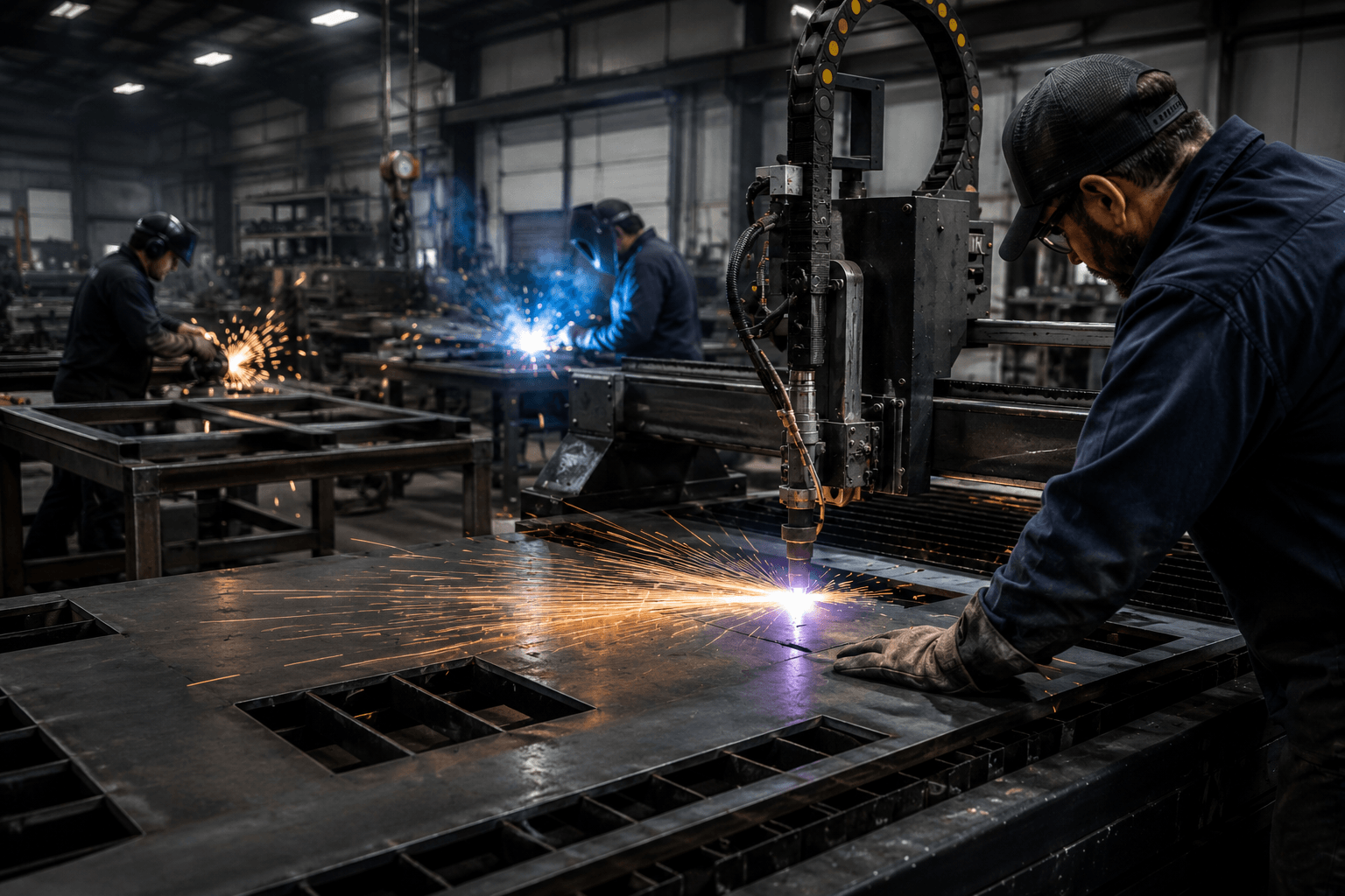 Workers welding metal sheets in an industrial factory.