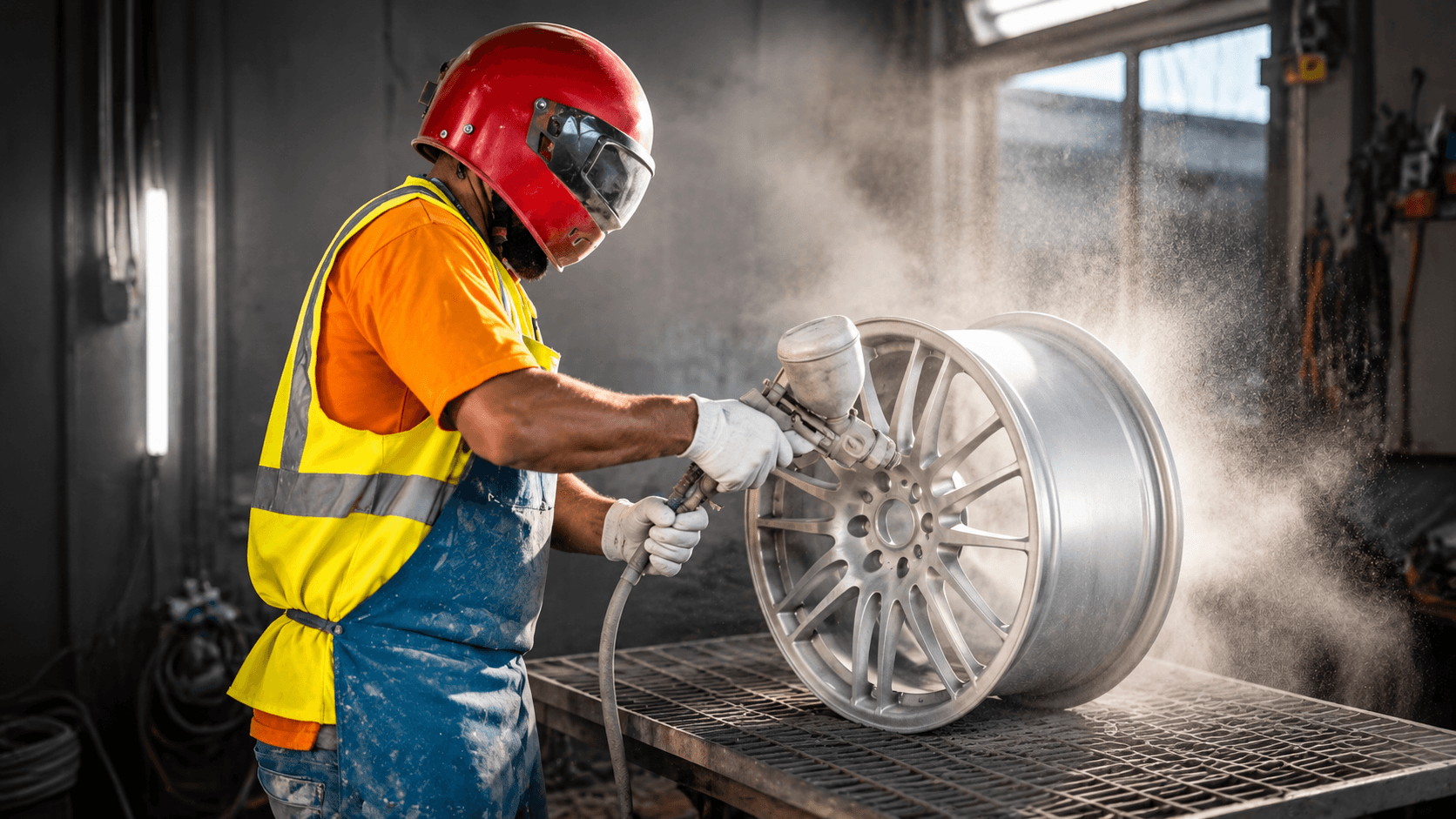 Maintenance worker in safety helmet and vest spray painting a car wheel rim in a workshop.