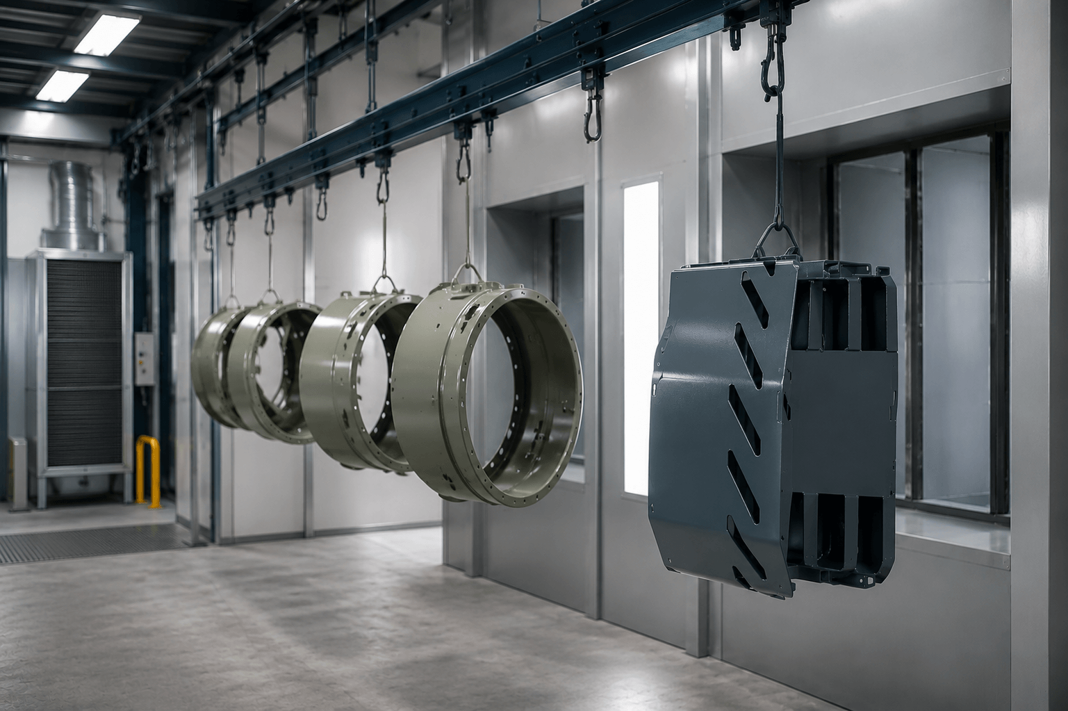 Industrial manufacturing room with metal components hanging on a rail, including large metal rings and a black metal part.