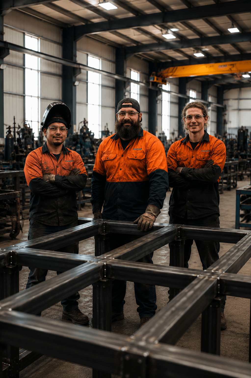 Three male workers in safety glasses and orange-black uniforms standing inside a metalworking shop, posing in front of a metal frame they are constructing with welding equipment and machinery in the background.