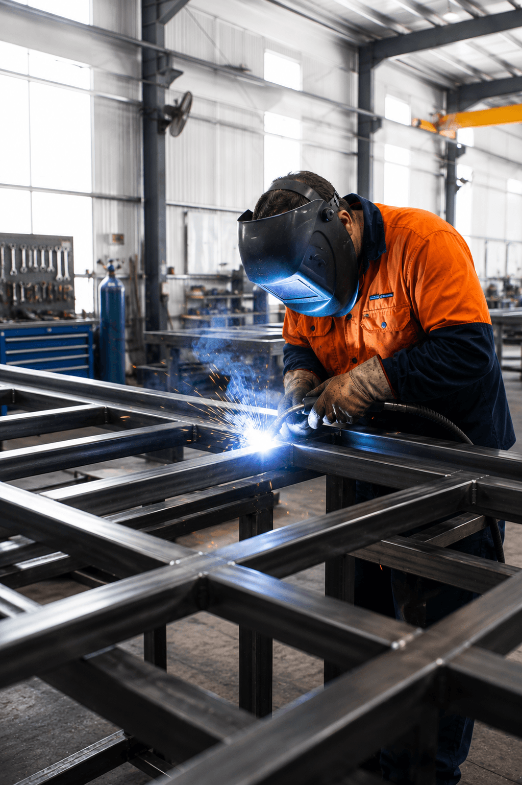 A worker wearing a welding helmet, orange and navy safety clothing, and gloves is welding metal frames in an industrial workshop, with sparks flying from the welding process.