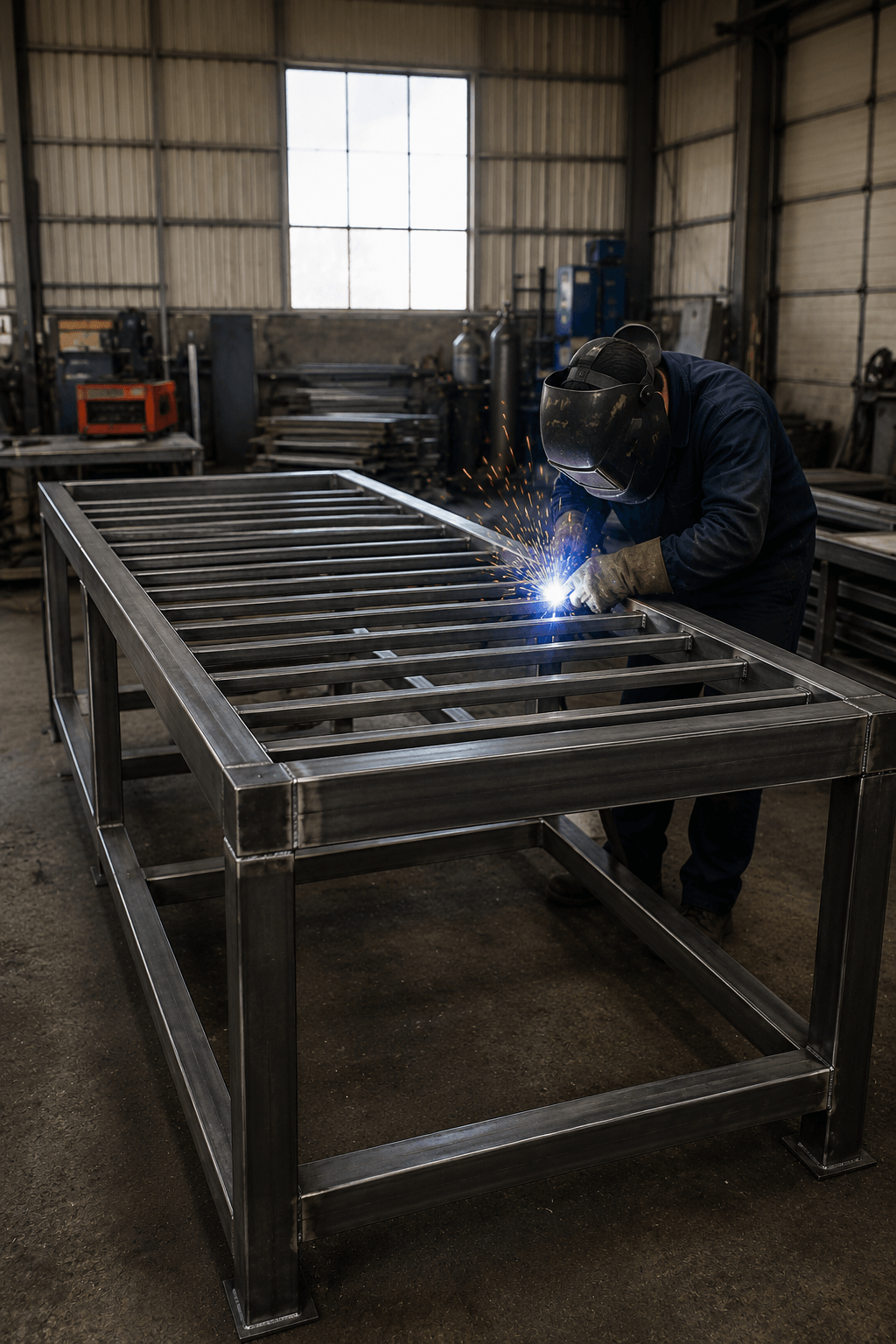 A worker welding a metal frame in a workshop.