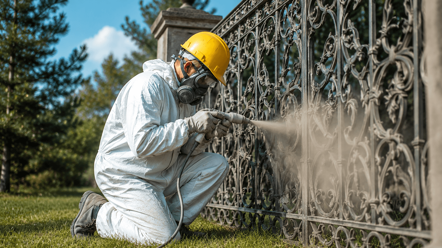 Person in protective gear pressure washing an ornate metal fence outdoors.