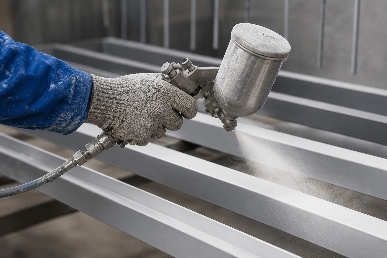 A worker wearing gloves and a blue long-sleeved shirt sprays a large metal structure with a coating or paint using a spray gun.