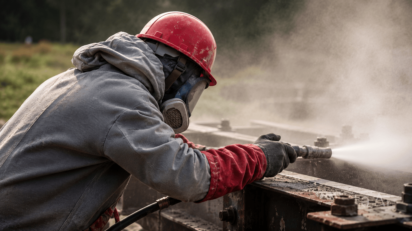 Worker wearing a red safety helmet, protective mask, and gloves pressure washing a metal surface outdoors.