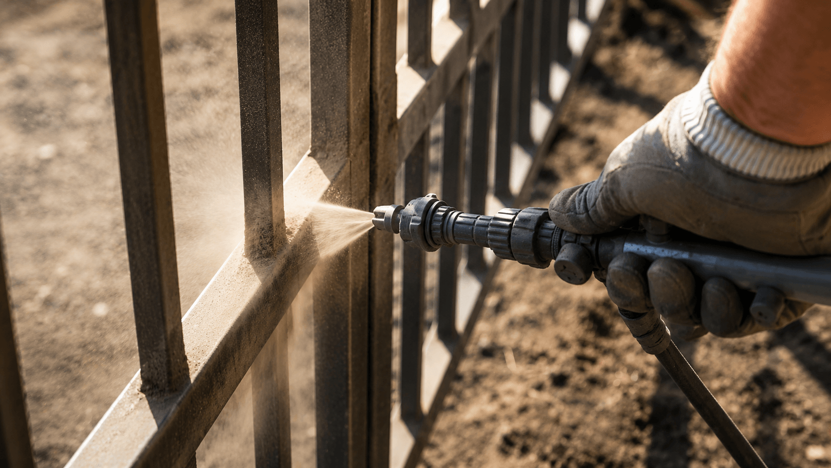 Person wearing gloves power washing a metal fence with a pressure washer.