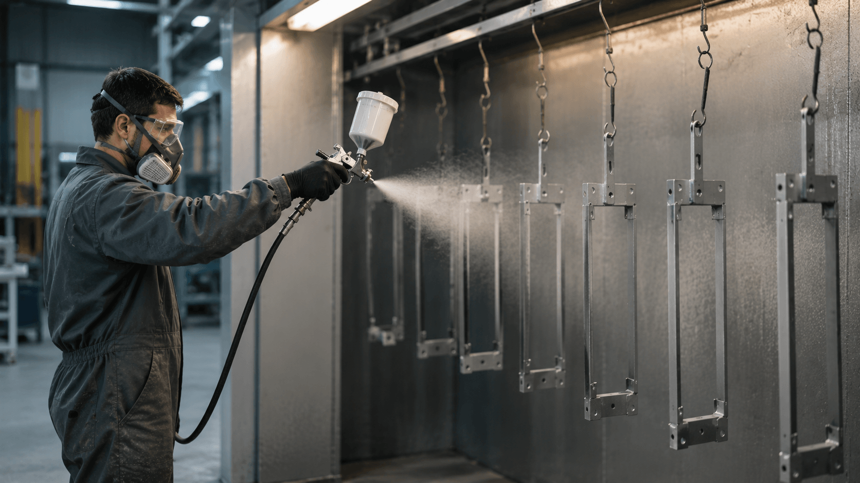 A worker in protective gear using a spray gun to coat metal frames hanging on a rack inside a manufacturing facility.