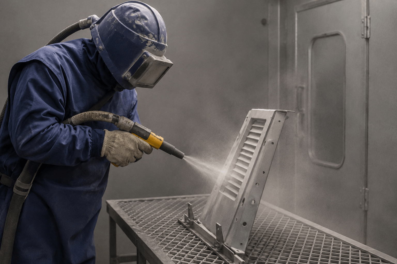 A worker wearing protective gear, including a helmet and gloves, is using a power tool to spray or coat a metal part in an industrial setting.