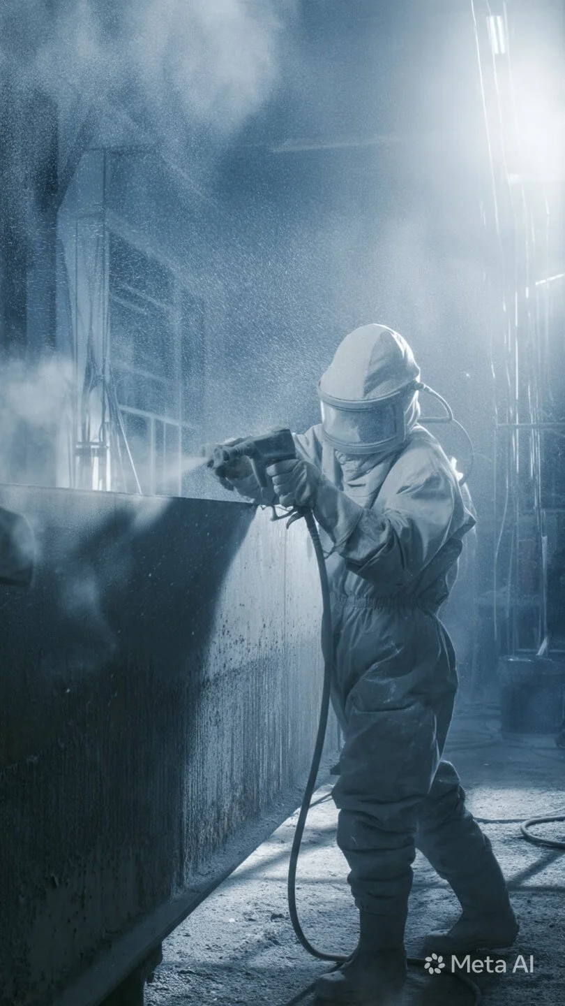 A worker in protective gear power washing a large surface, with mist and spray around them in an industrial setting.