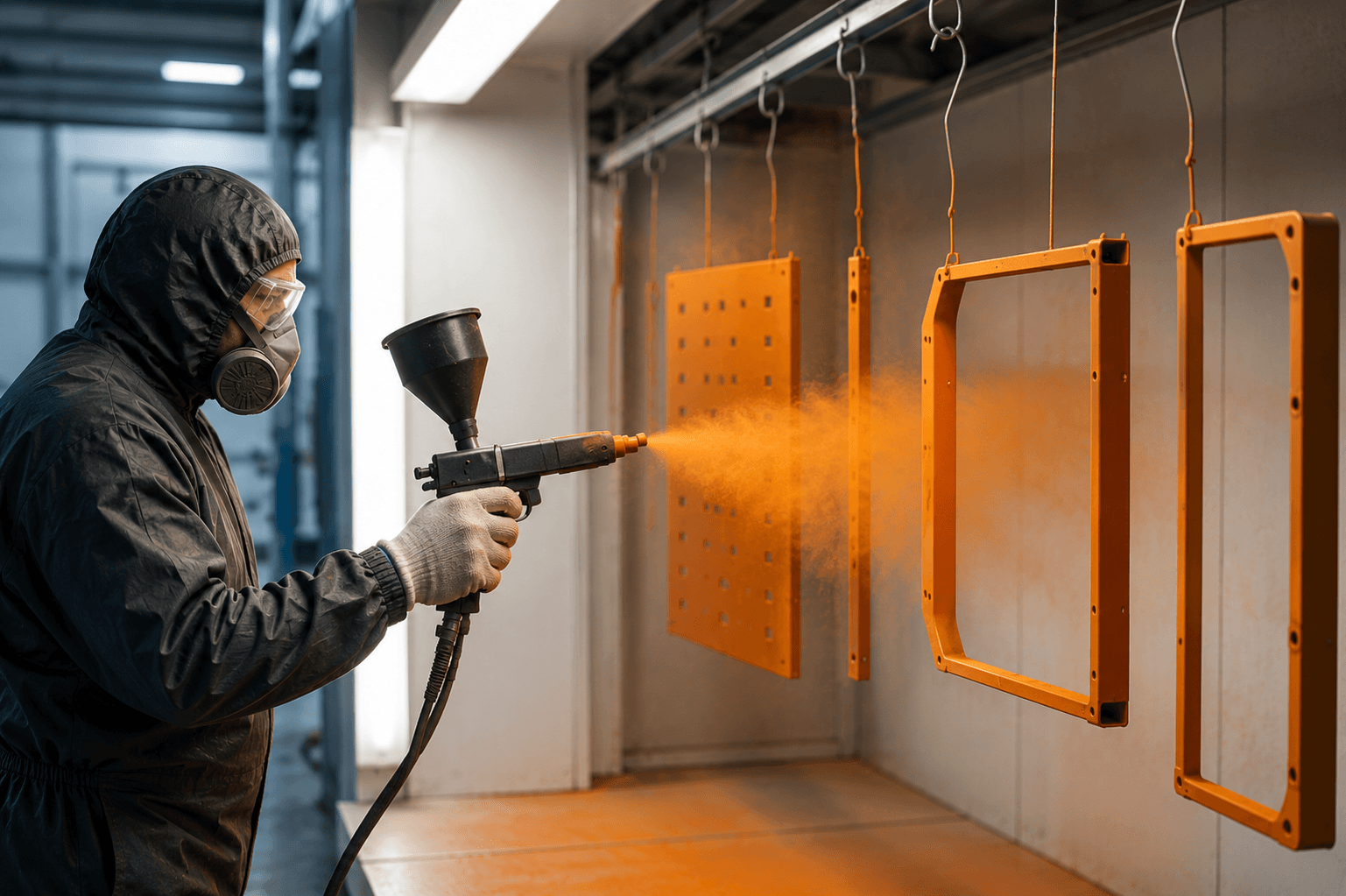 A worker wearing protective clothing, goggles, and a mask is spray painting metal frames orange in an industrial setting.