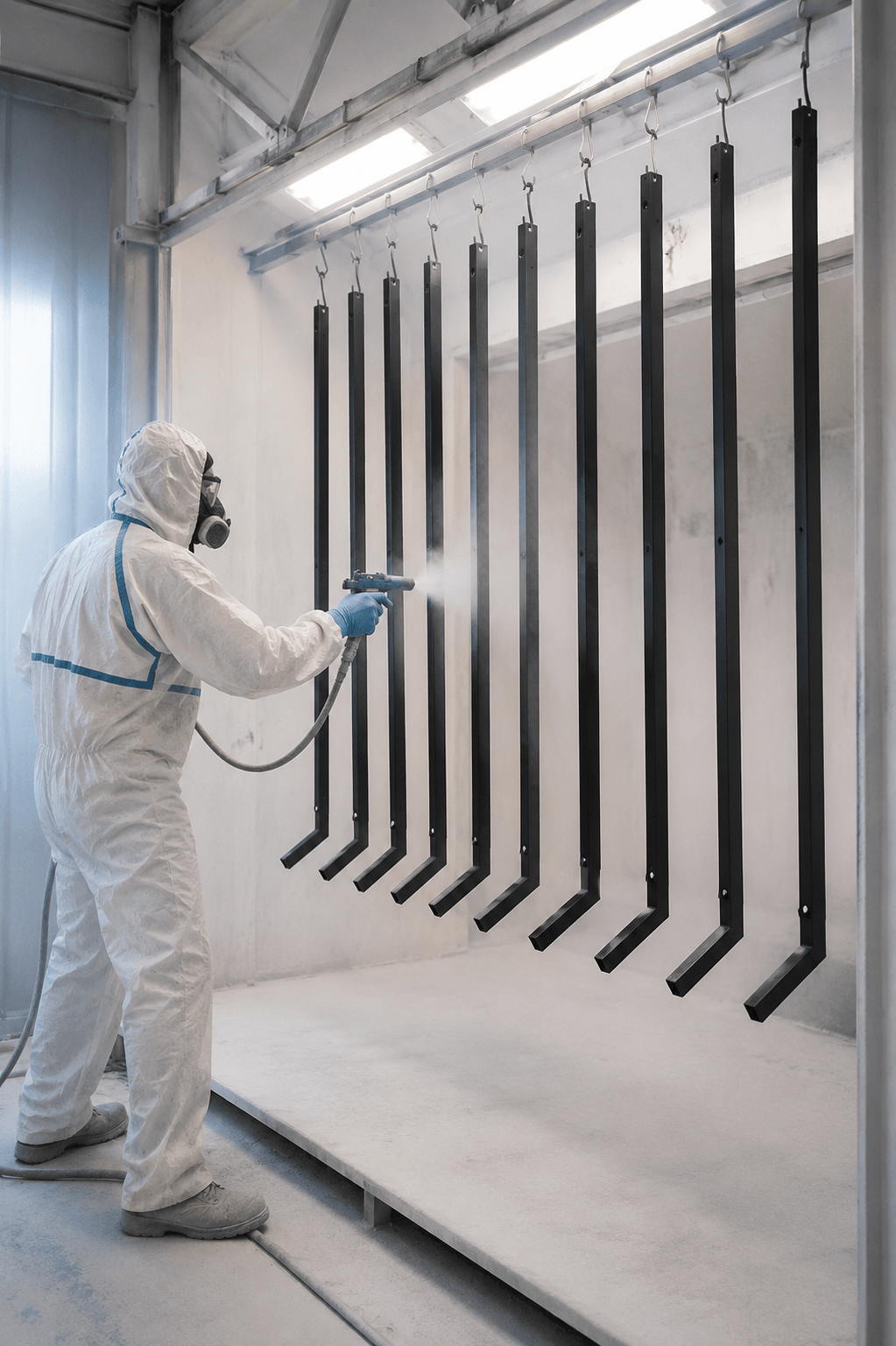 A person in protective gear using a spray gun to paint or coat black metallic objects hanging in a white industrial or laboratory setting.