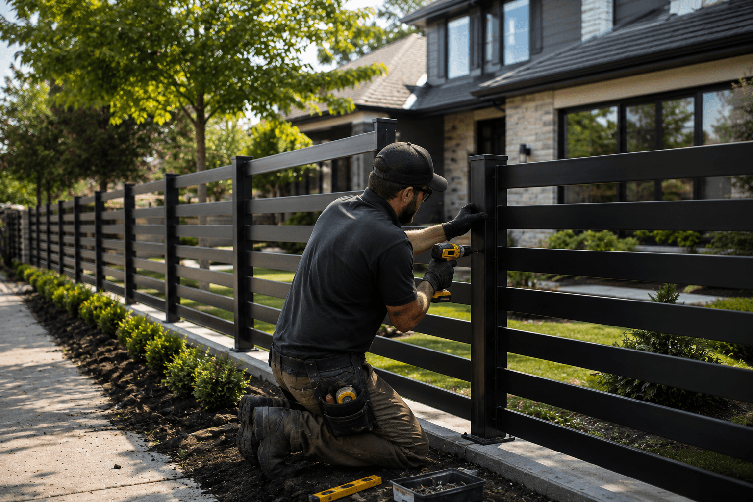 A man kneeling on the sidewalk installing a black horizontal slat fence in front of a modern house with large windows, trees, and landscaped plants.
