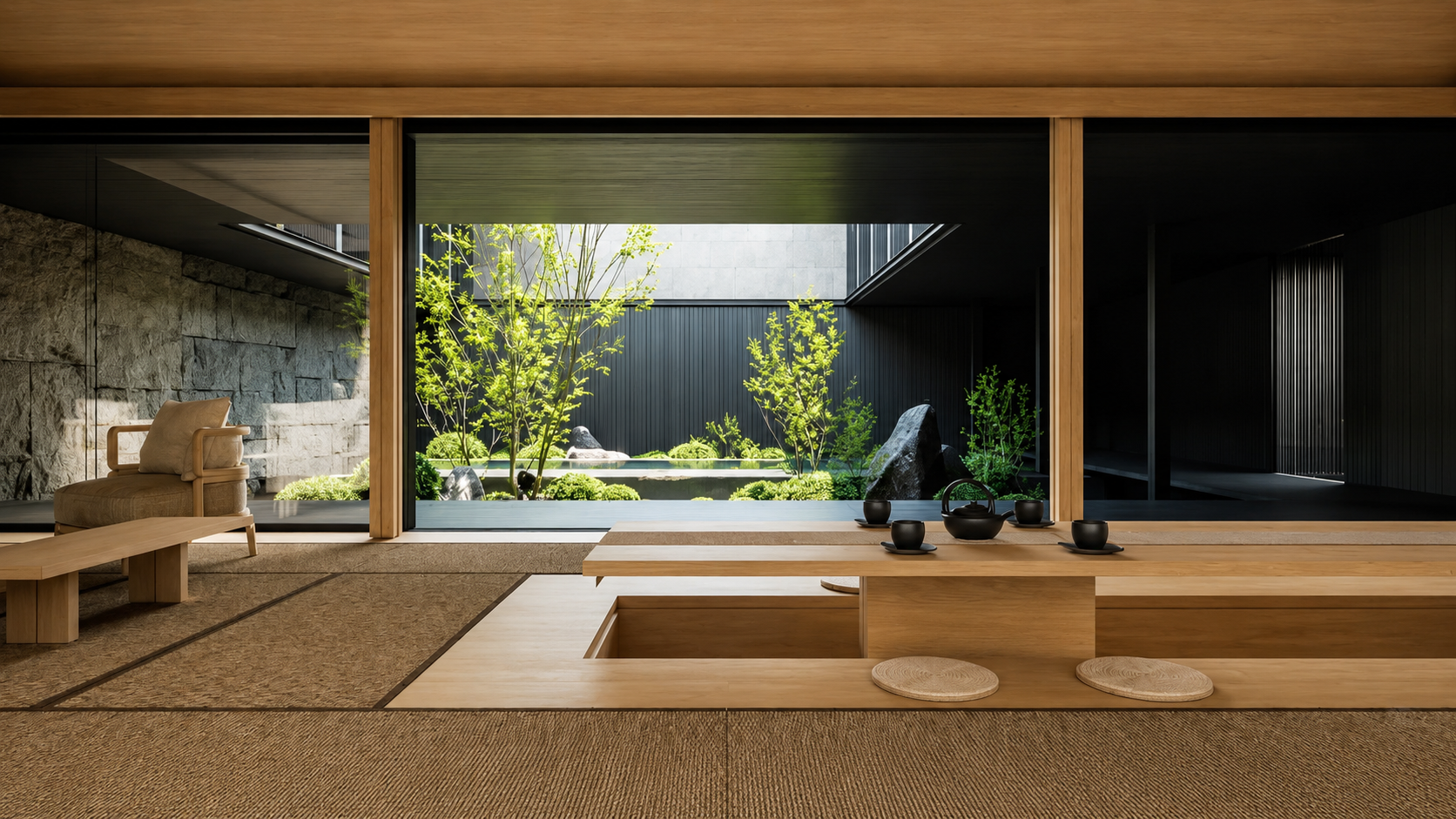 Interior of a modern Japanese-style room with a low wooden table set with black tea cups and teapot, tatami mat flooring, a beige armchair, and a large window opening to a minimalist garden with trees and rocks.