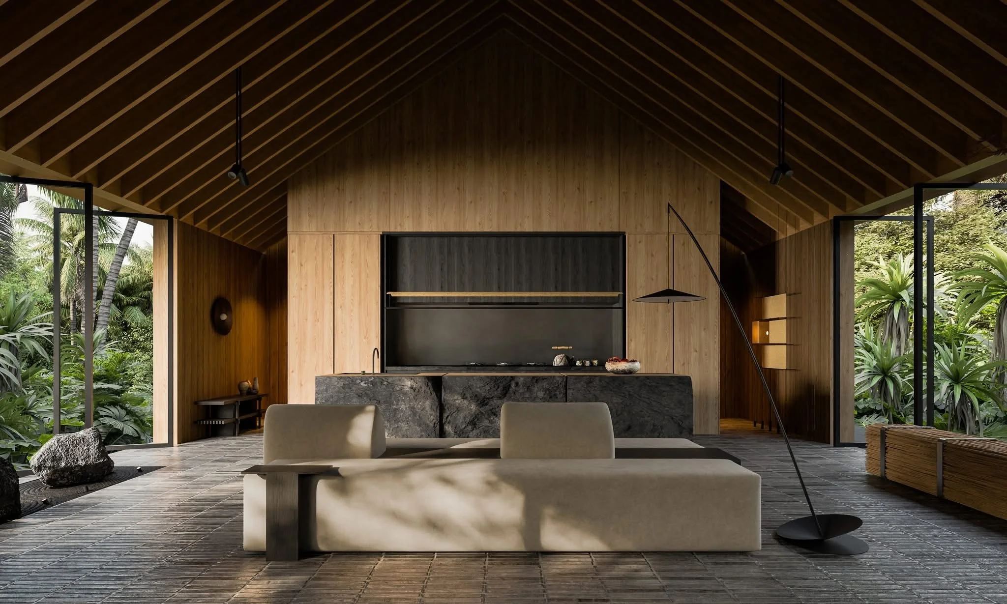 Modern interior living space with wood-paneled walls, an open kitchen with a black backsplash, and large glass doors opening to lush outdoor greenery.