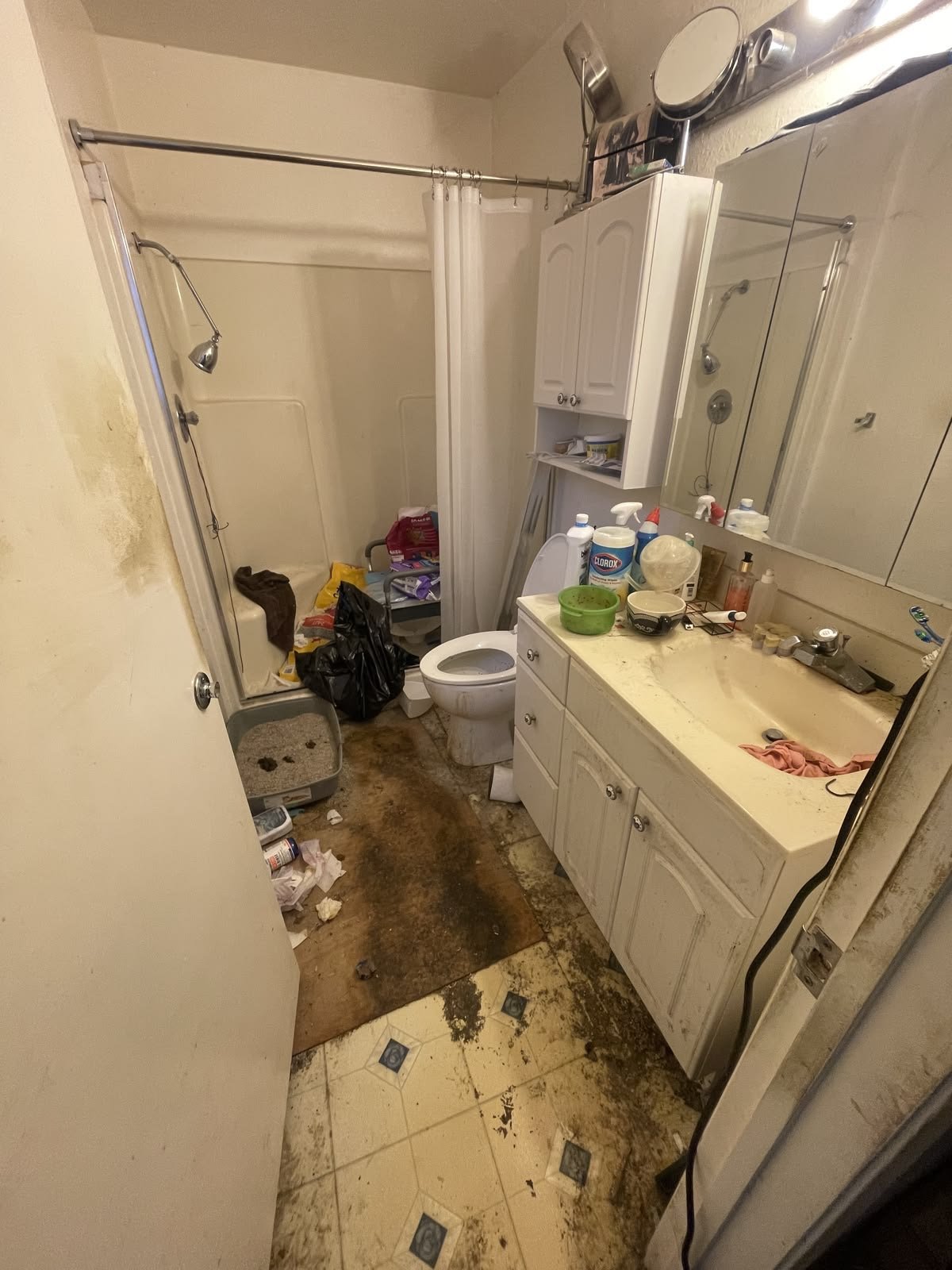 A cluttered bathroom with a dirty floor, a toilet, a sink with a dirty countertop, a cabinet, a mirror, and a shower area filled with trash and cleaning supplies.