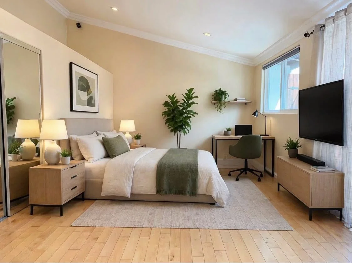 A neatly arranged bedroom with a bed, two nightstands with lamps, a large plant, a desk with a chair, a window with curtains, and a wall-mounted TV.