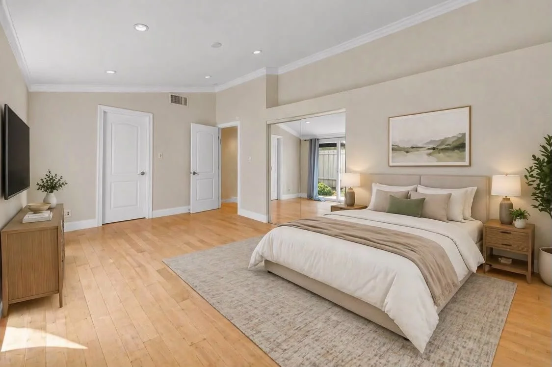Bedroom with a large bed, nightstands with lamps, a painting above the bed, hardwood floors, and a sliding glass door leading outside.
