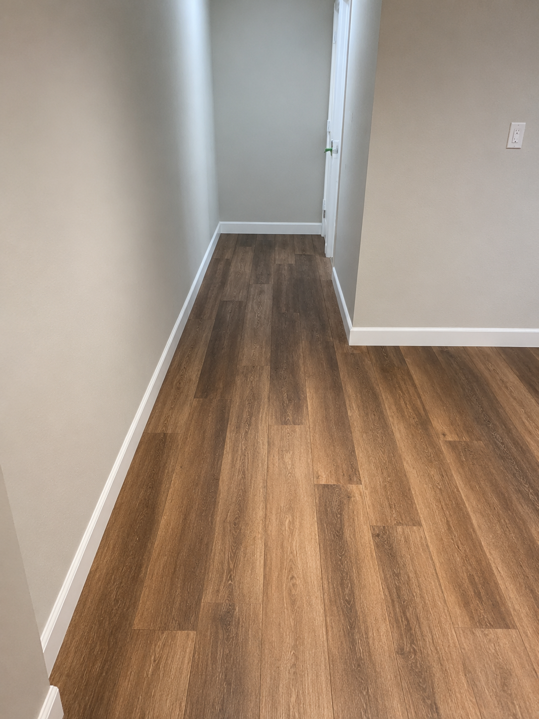 A small, narrow hallway with hardwood flooring and beige walls, leading to a closed door at the end.