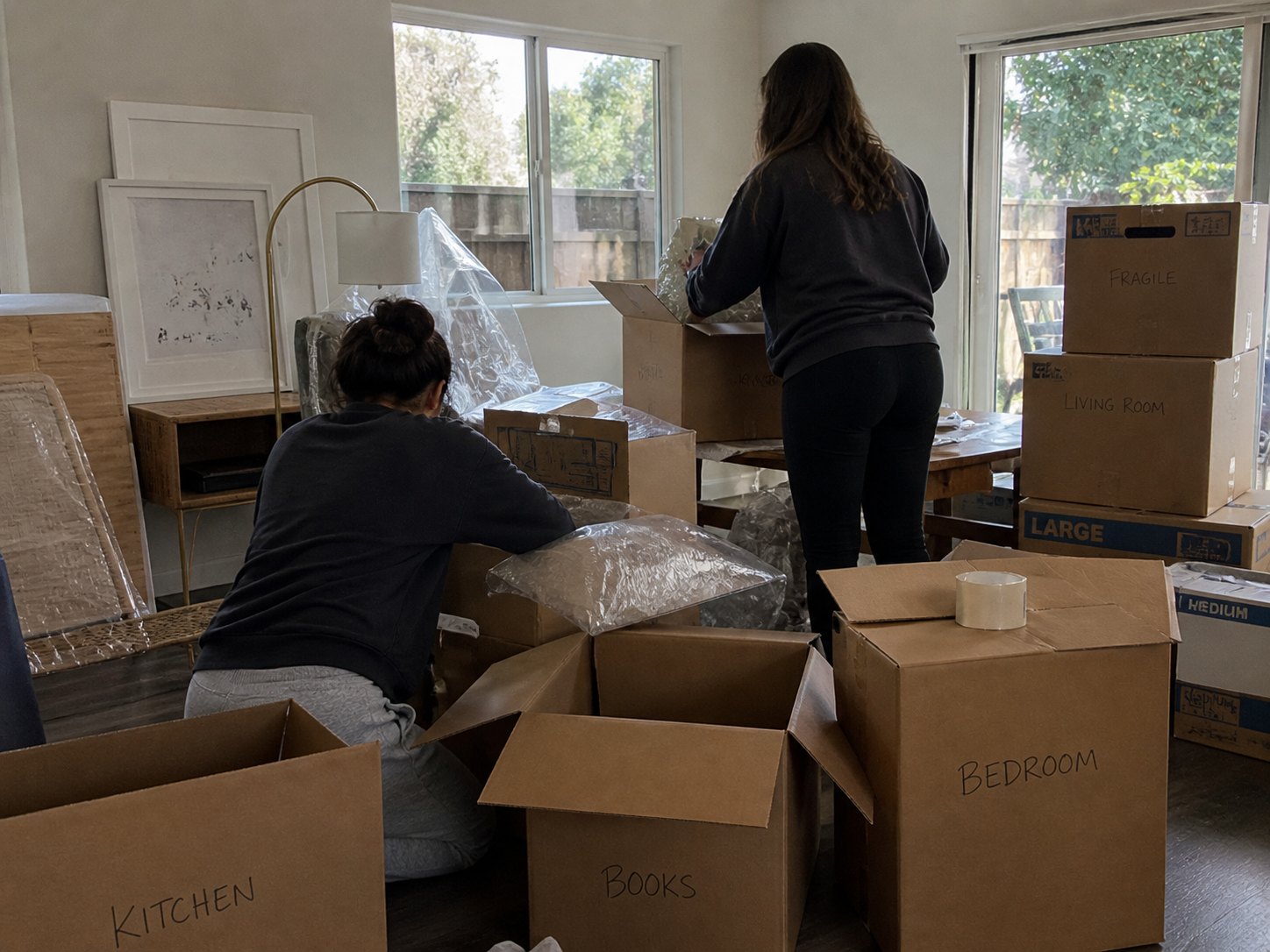 Two women pack moving boxes in a well-lit living room with large windows, surrounded by labeled boxes for different rooms.