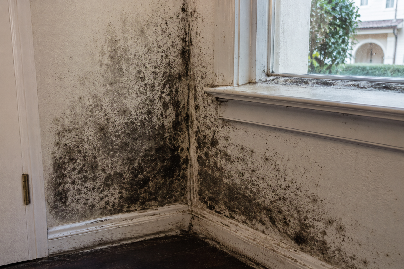 Mold on interior walls near a window and door in a house.