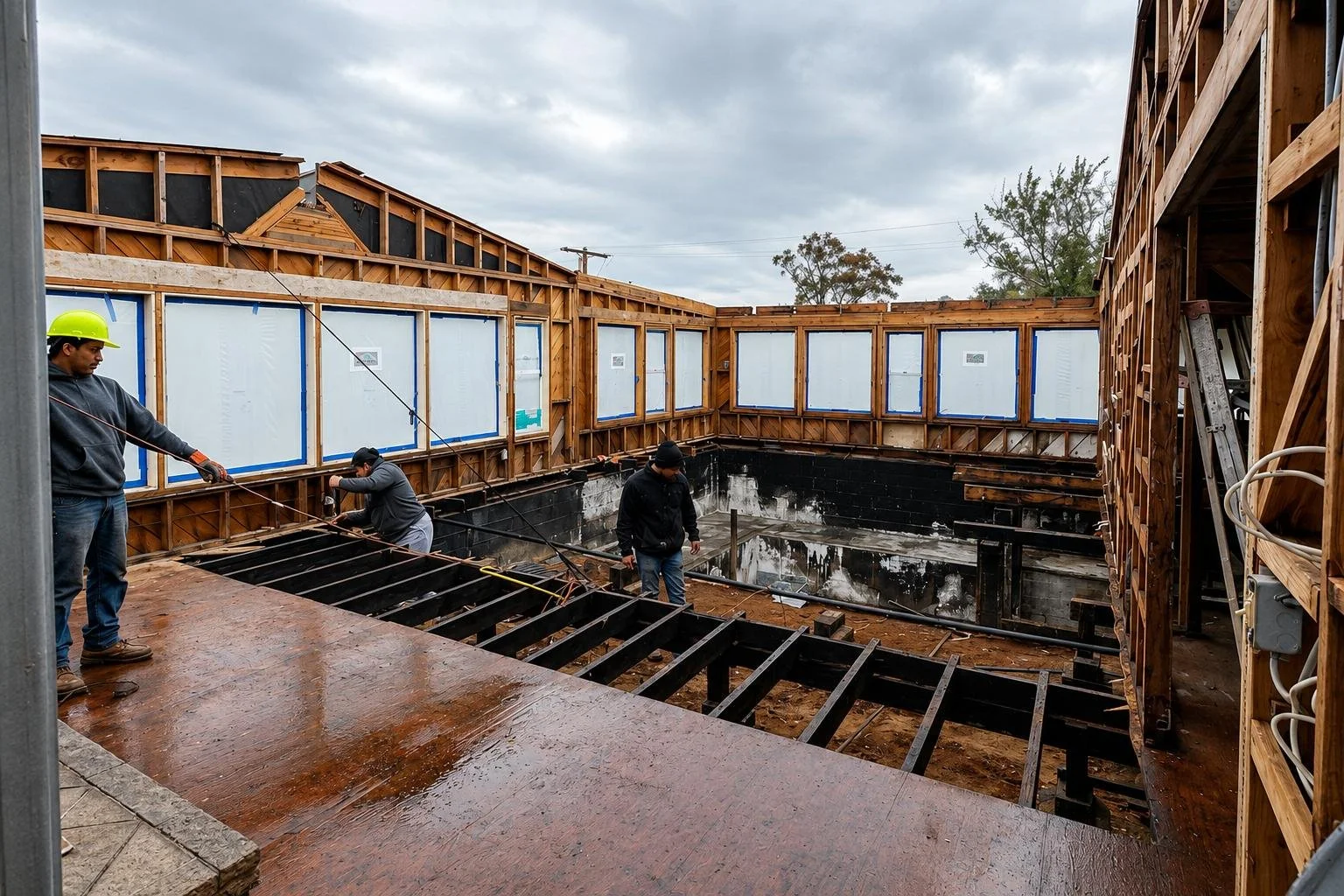 Construction workers installing framing for a pool in a backyard, with some workers measuring and assembling the structure, on a cloudy day.