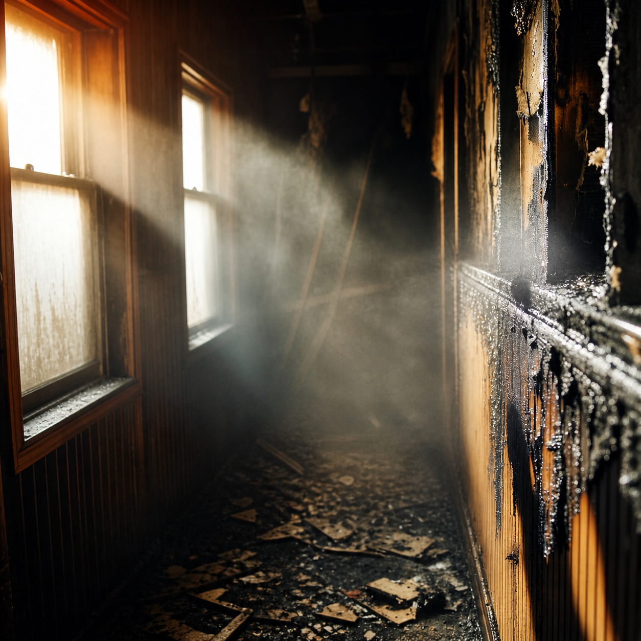 Charred and smoky interior of a house with burnt walls, messy floor, and sunlight coming through two windows.