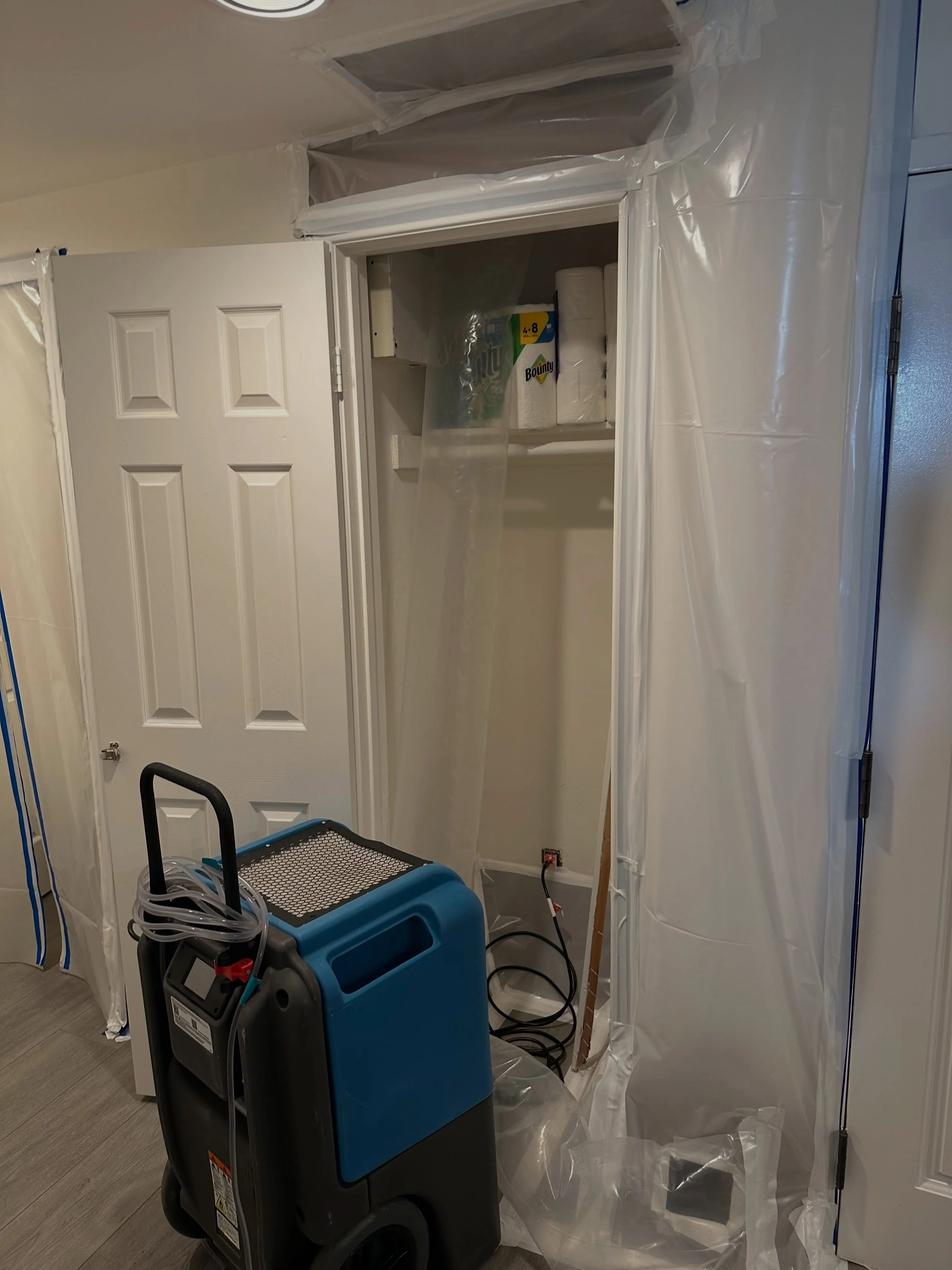 Water damage restoration in progress. Our team is using professional drying equipment to remove excess moisture, dry the affected areas, and help prevent mold growth and further structural damage.

If your home or business has water damage, acting qu