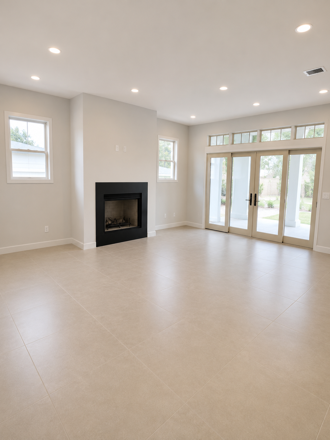 Empty living room with beige tiled floor, white walls, black fireplace, two small windows, and glass sliding doors leading to the backyard.