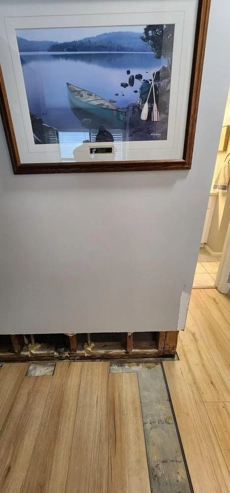 A wall with a framed picture of a canoe on a lake, partially removed to reveal the floor and wall studs underneath. The picture shows a calm lake with a boat and trees in the background.