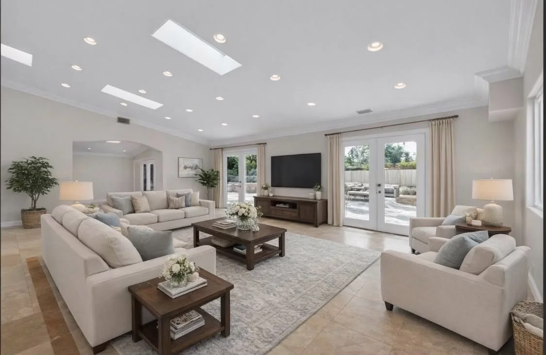 Bright living room with cream-colored sofas, a wooden coffee table, and a large flat-screen TV, with double glass doors leading to an outdoor patio.