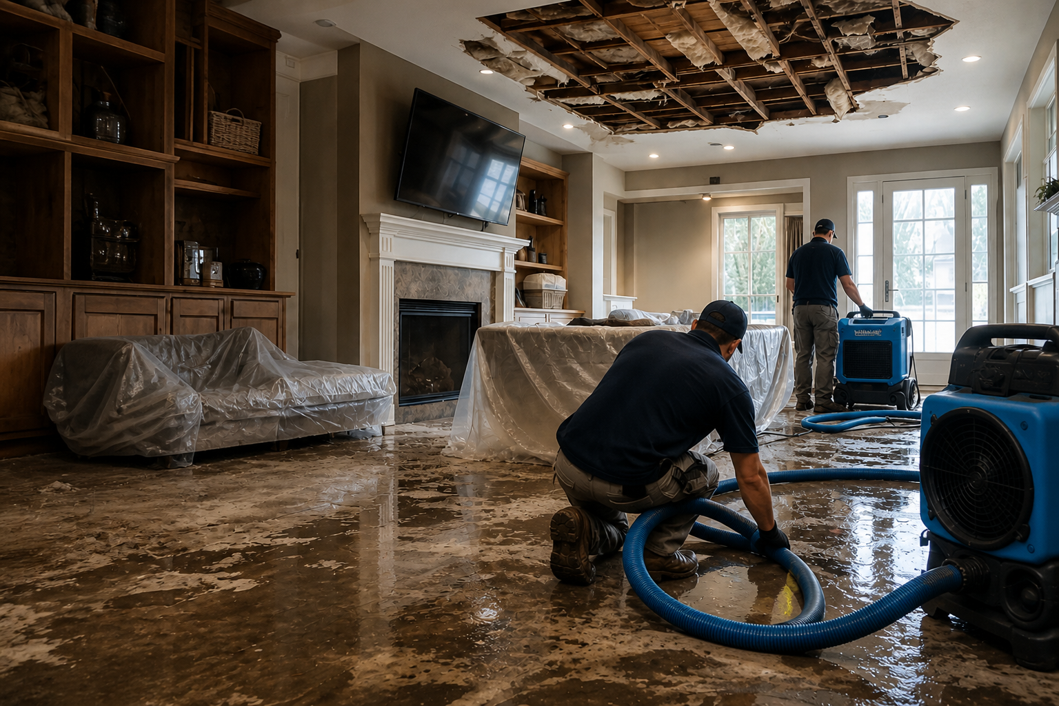 Two workers are cleaning up after a flood in a living room, which has a damaged ceiling with exposed insulation. The wet floor is covered in water, and furniture is covered with plastic.