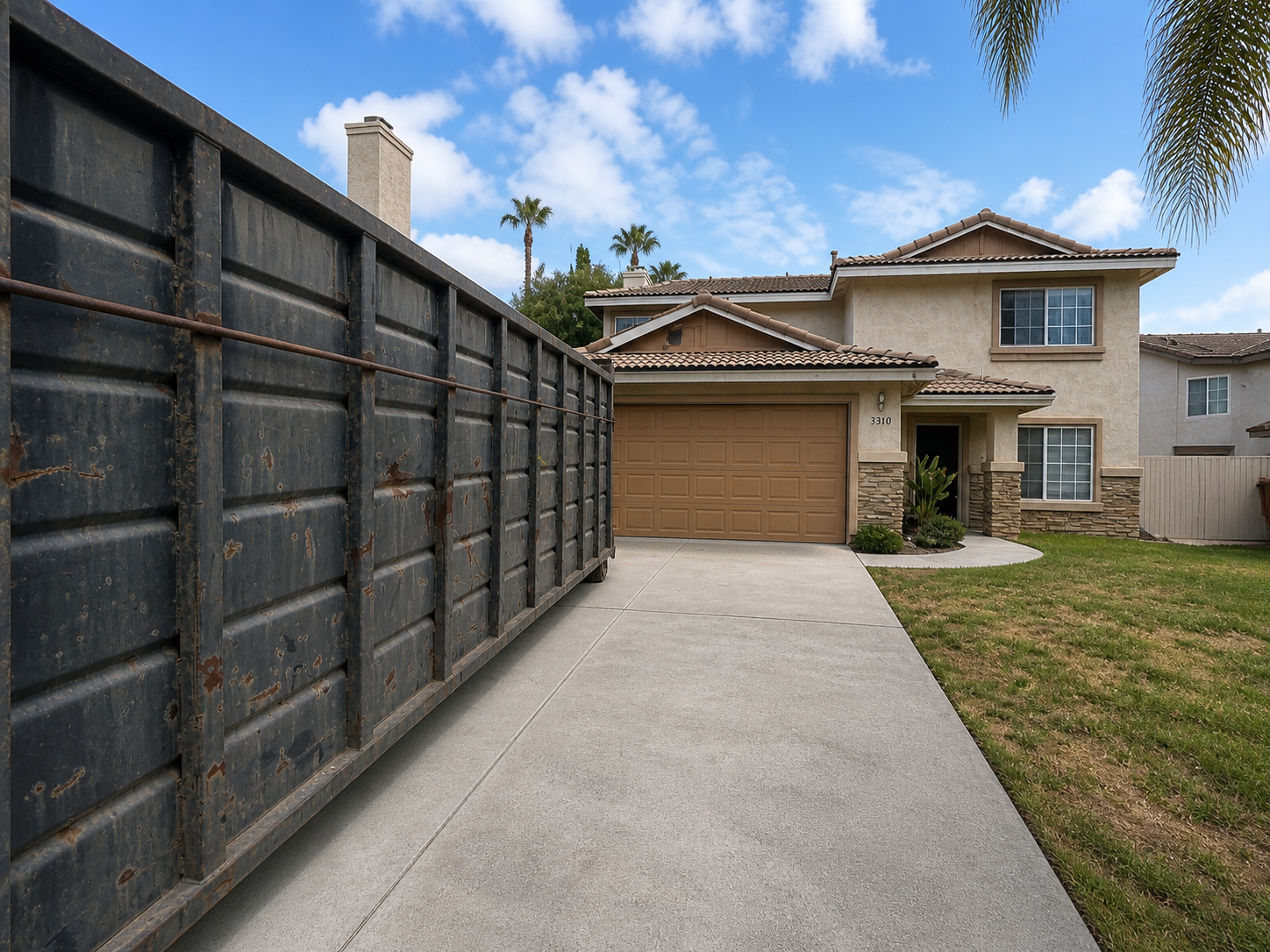 View of a suburban house with a closed brown garage door, a sidewalk leading to the front door, and a large rusted dumpster on the driveway. The house has beige stucco walls, stone accents, and a tiled roof. There are palm trees and a partly cloudy sky in the background.