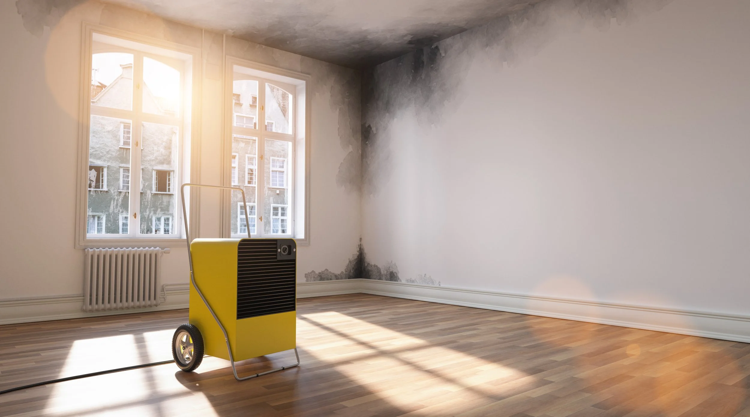 Empty room with burn marks on the upper corner of the wall, a window letting in sunlight, a radiator beneath it, and a yellow portable heater or air purifier on wheels in the room.