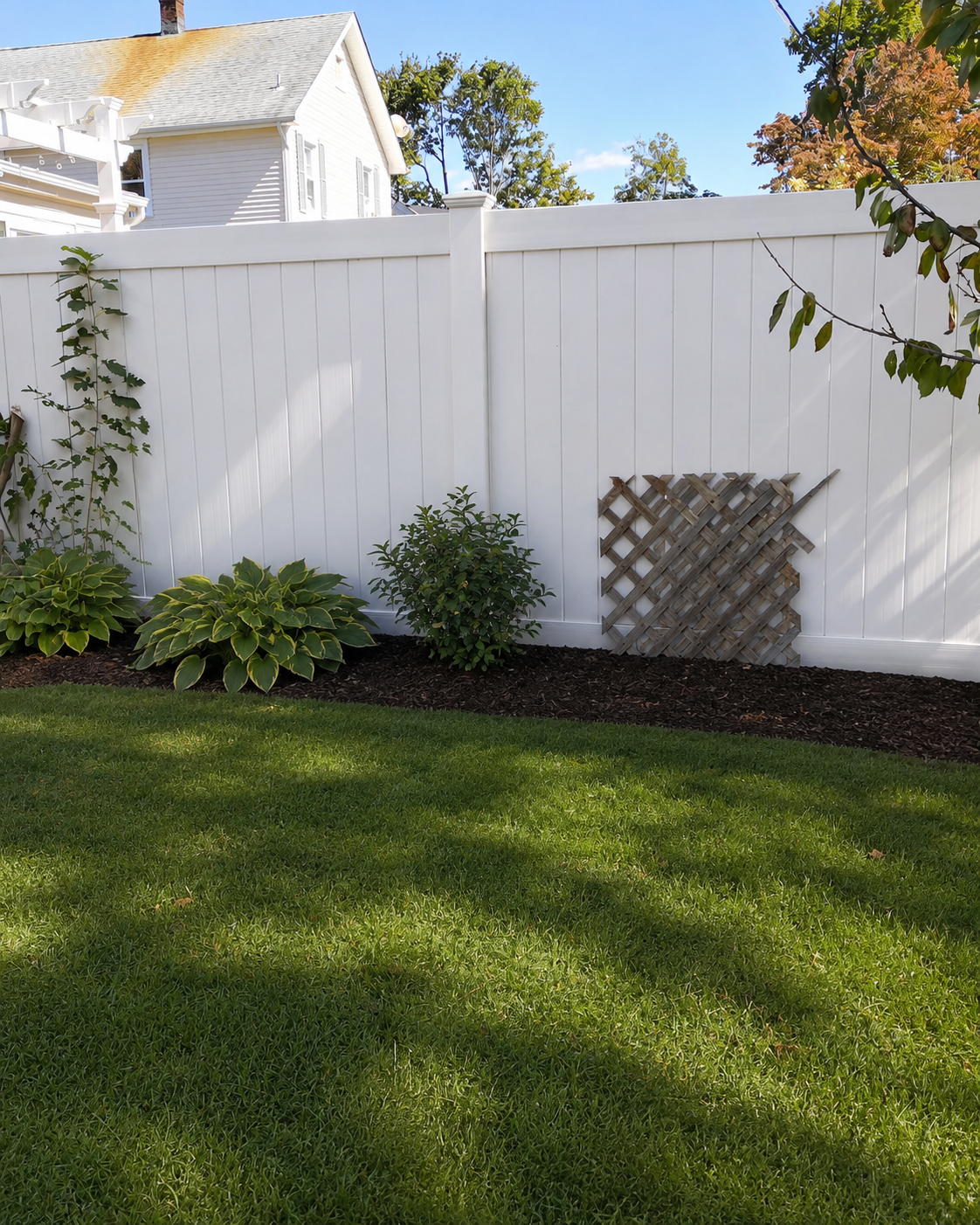 A backyard with a white privacy fence, green grass, and well-maintained bushes, with a house and trees in the background.