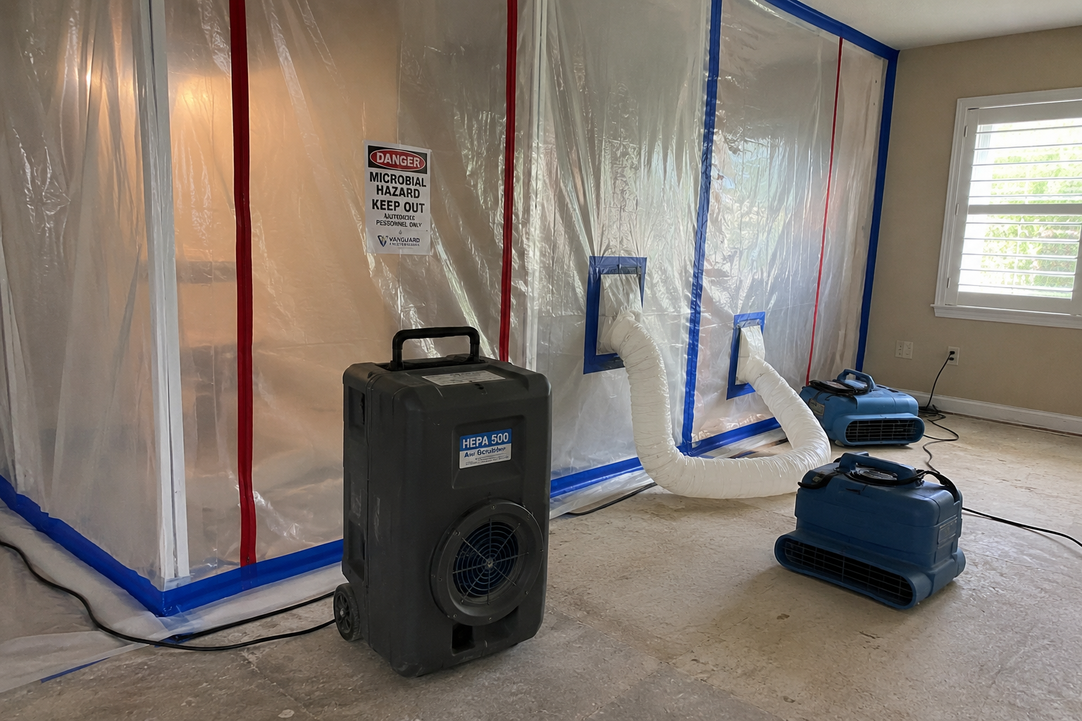A construction or renovation site inside a house with a plastic barrier wall, two portable air scrubbers, and two ventilation ducts.