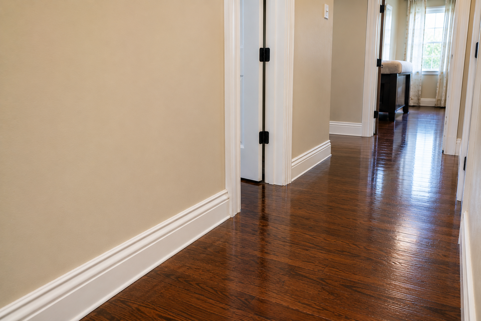 A hallway with polished wooden floors, cream-colored walls, white baseboards, and door frames. A door is slightly open, revealing another room with a table and windows with curtains.