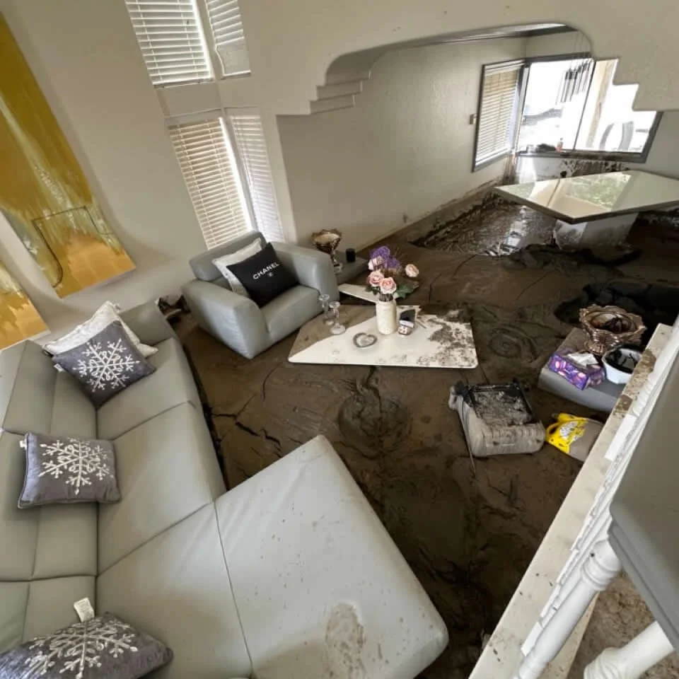 The living room has damage to the floor and furniture, with items scattered around, including pillows, a vase with flowers, and various household items. The floor appears waterlogged and the wall near the windows is wet.