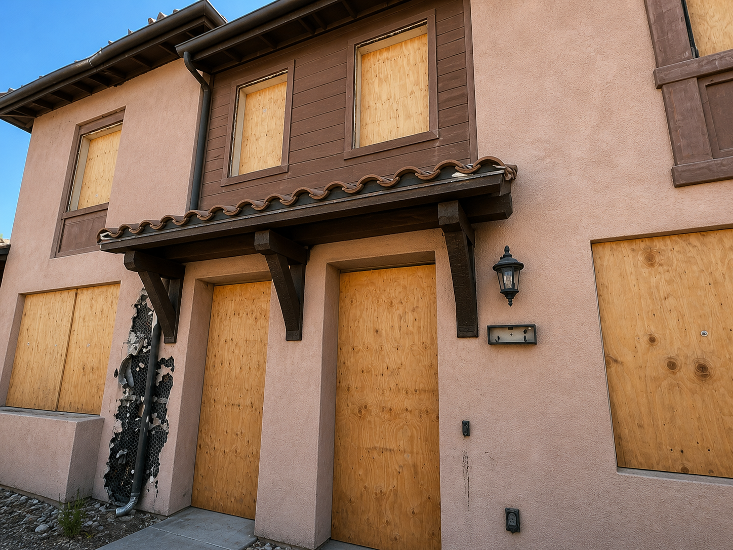A house with all windows and doors boarded up with plywood. The house features a stucco exterior, wooden accents, and a small covered porch with a decorative lantern and black wall mount.