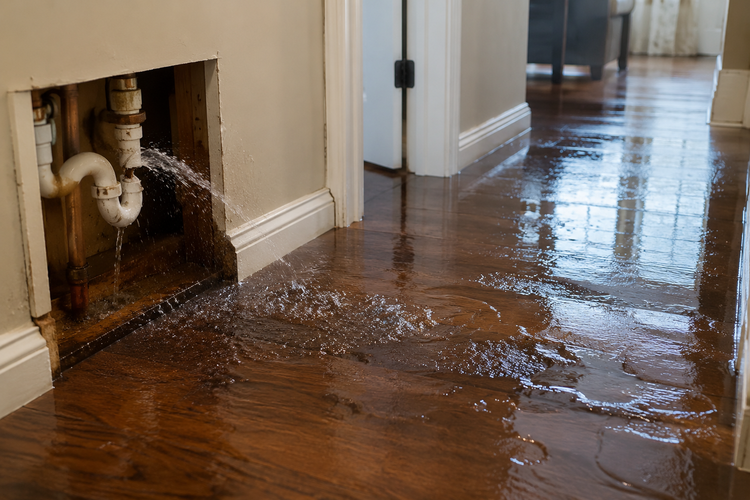 Water leaking from a pipe in a wall, causing the wooden floor to flood and become wet.
