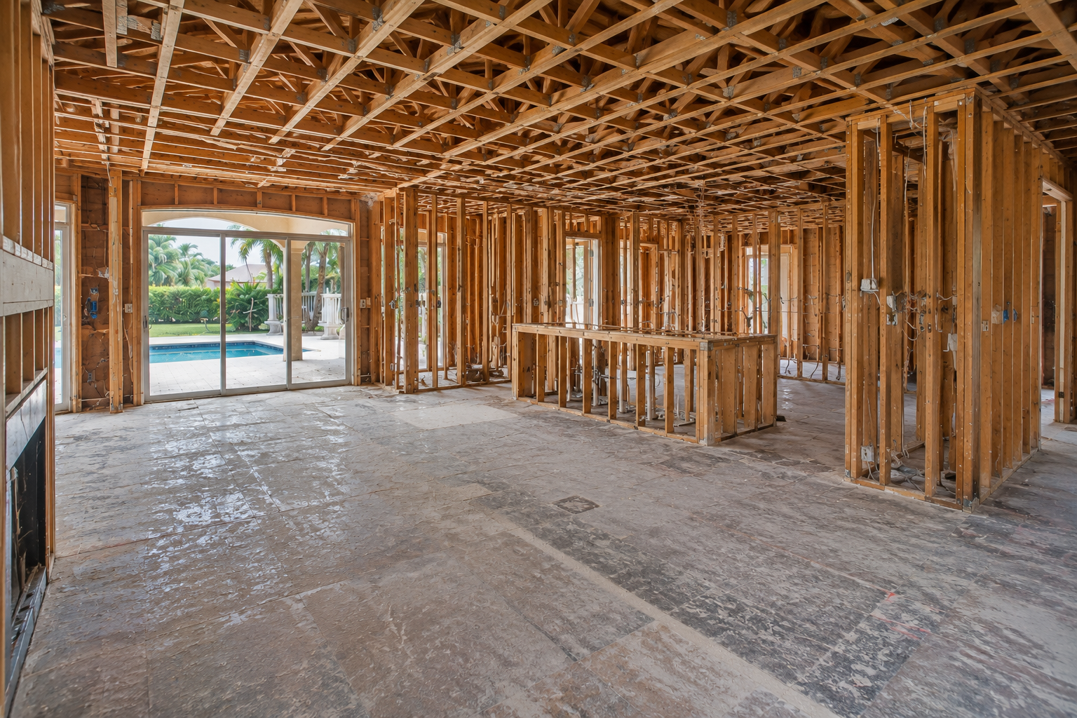 Interior of a house under renovation with exposed wooden framing, open sliding glass doors leading outside to a backyard with a swimming pool and palm trees.