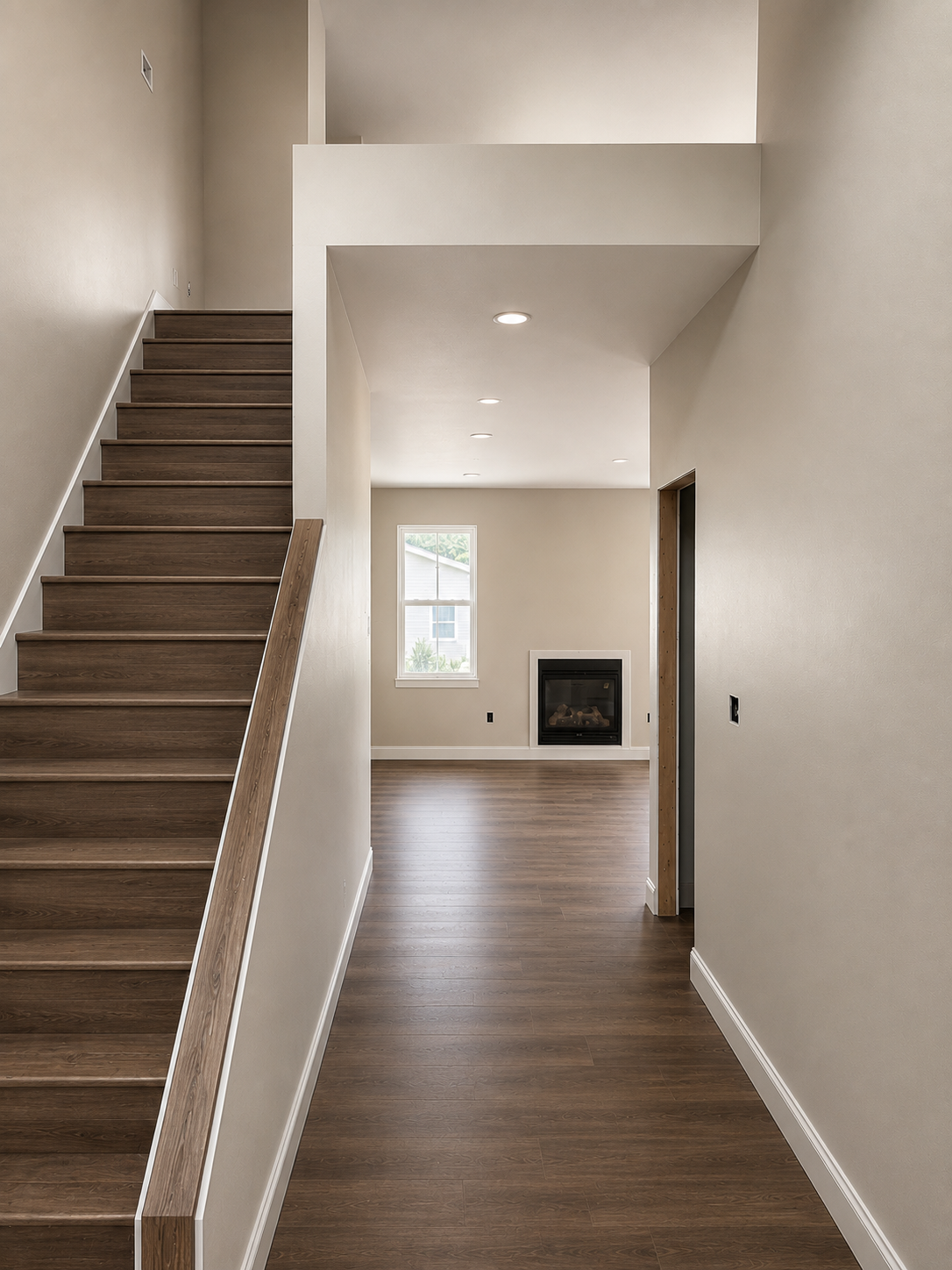 Interior view of a modern house showing a wooden staircase on the left, a small window and fireplace on the far wall, and hardwood flooring throughout.
