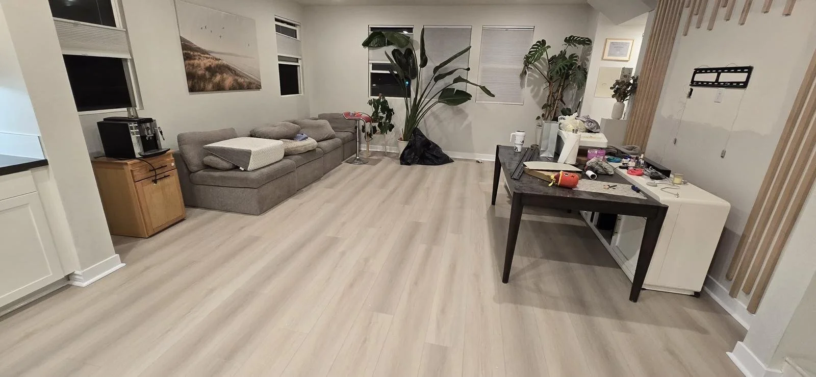 Living room with a grey sectional sofa, tall plant, black table, white side cabinet, and various objects on the table and floor.