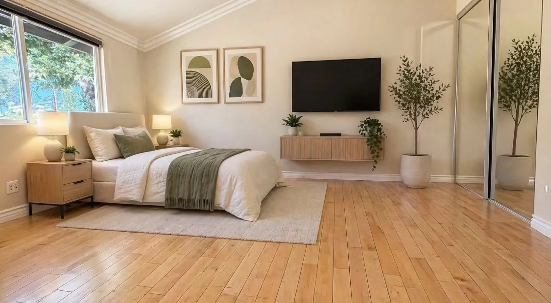 A bedroom with a bed, two nightstands with lamps, framed abstract art, a wall-mounted TV, potted plants, and a mirrored closet door, with wooden floors and a large window.