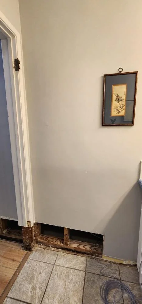 Interior wall with a framed picture, missing baseboard, and exposed wooden foundation beneath a cut-out section. Part of a door frame is visible on the left.