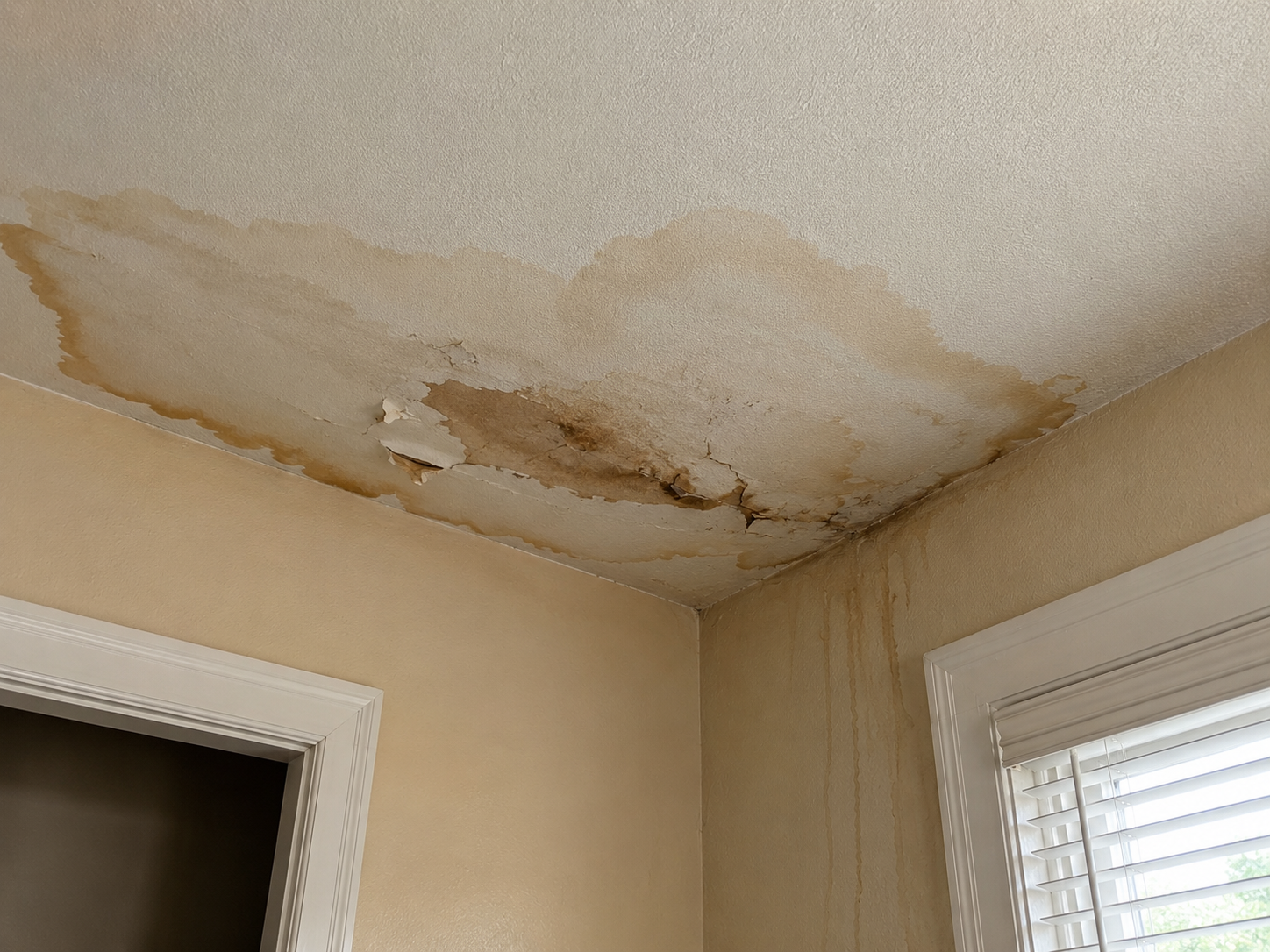 Ceiling with water damage, peeling paint, and staining in a room with beige walls and white trim near a window.