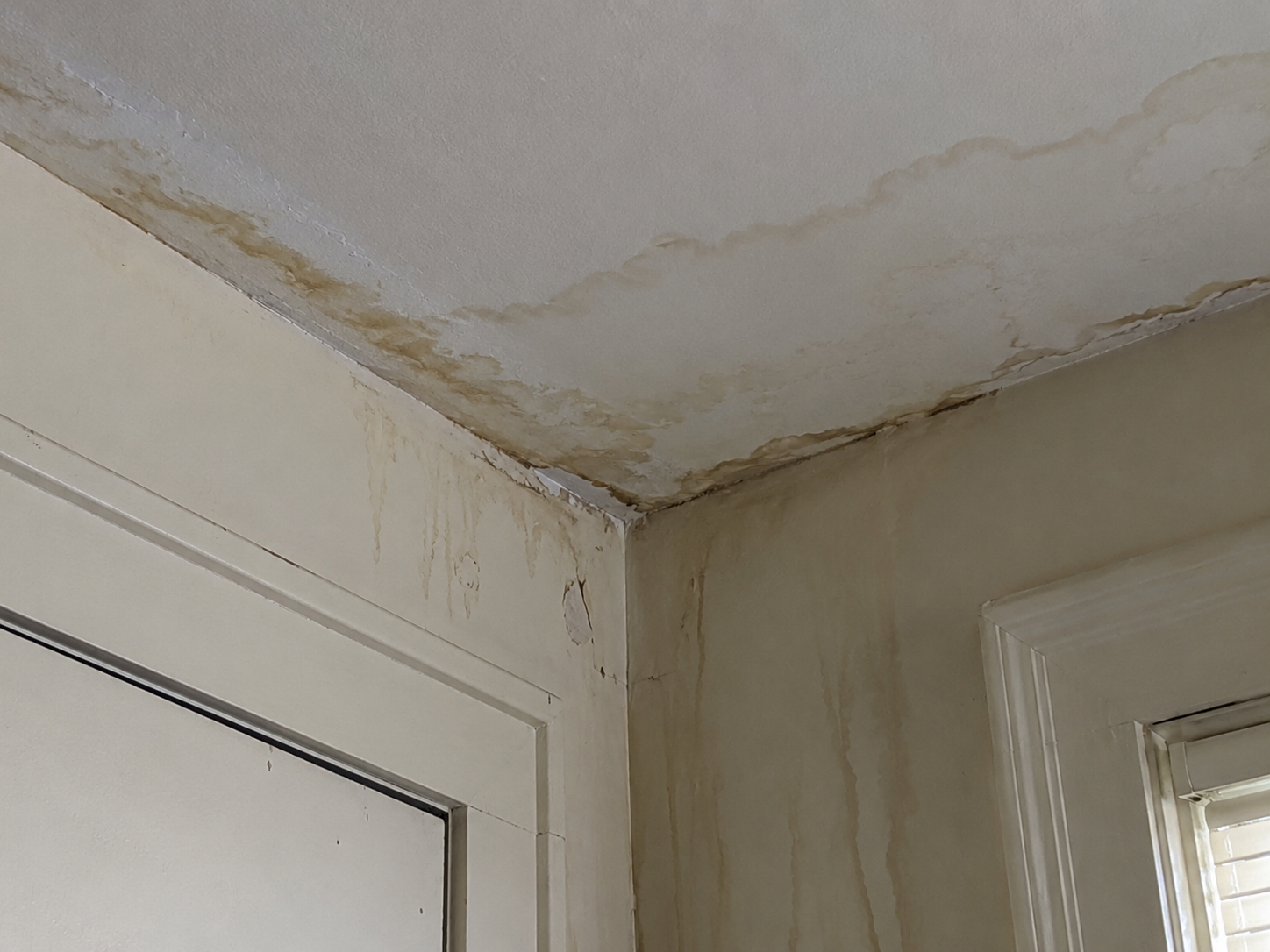 Ceiling with water stains and peeling paint near the corner of a room with a door and window.